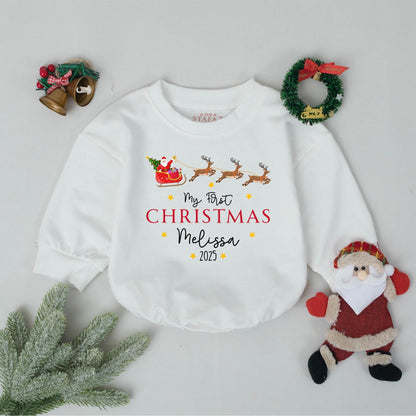 Baby's First Christmas 2025 Romper Custom Retro Santa Sleigh Design Personalized Name Toddler Bodysuit Holiday Gift