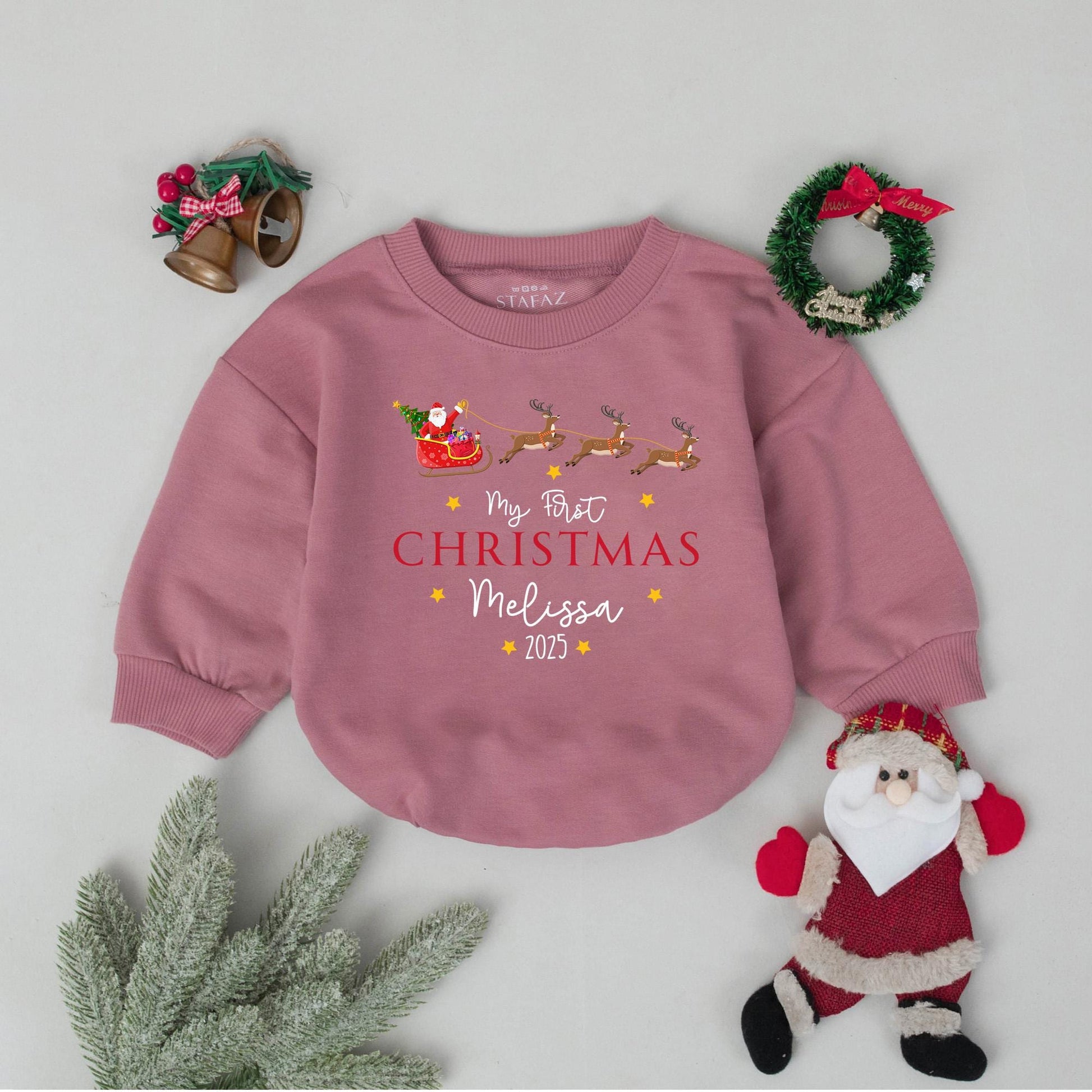 Baby's First Christmas 2025 Romper Custom Retro Santa Sleigh Design Personalized Name Toddler Bodysuit Holiday Gift