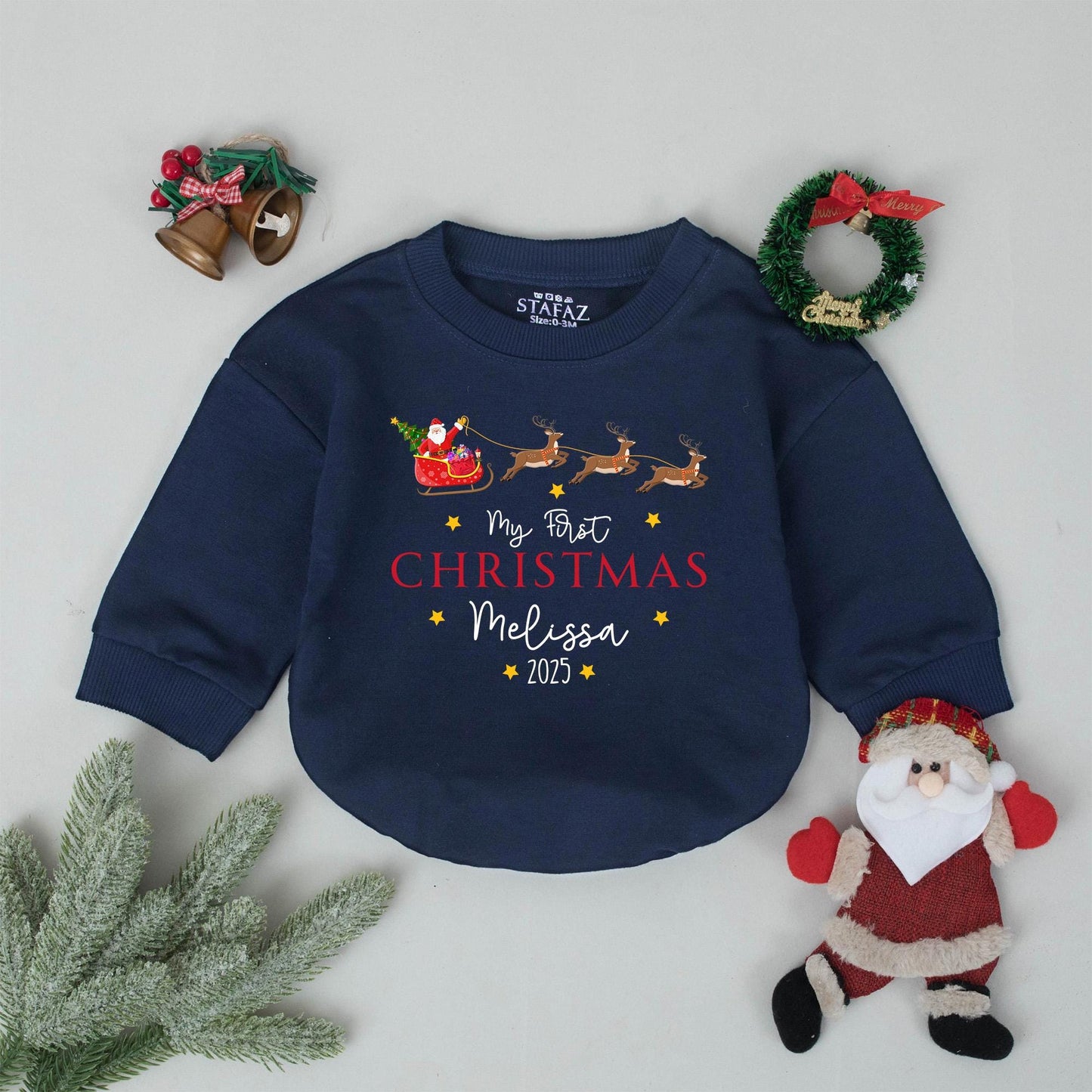 Baby's First Christmas 2025 Romper Custom Retro Santa Sleigh Design Personalized Name Toddler Bodysuit Holiday Gift