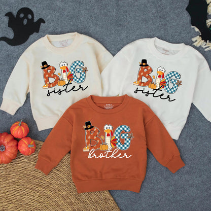 Personalized Thanksgiving Big Brother Big Sister Little Sister Turkey Sweatshirt Fall Matching Outfit Toddler Kids Clothes Playful Autumn Designs