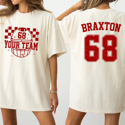 Personalized Football Team Shirt, Custom Name & Number Jersey, Checkered Helmet Tee for Game Day, School Sports Fan Apparel, Braxton 68, YOUR TEAM