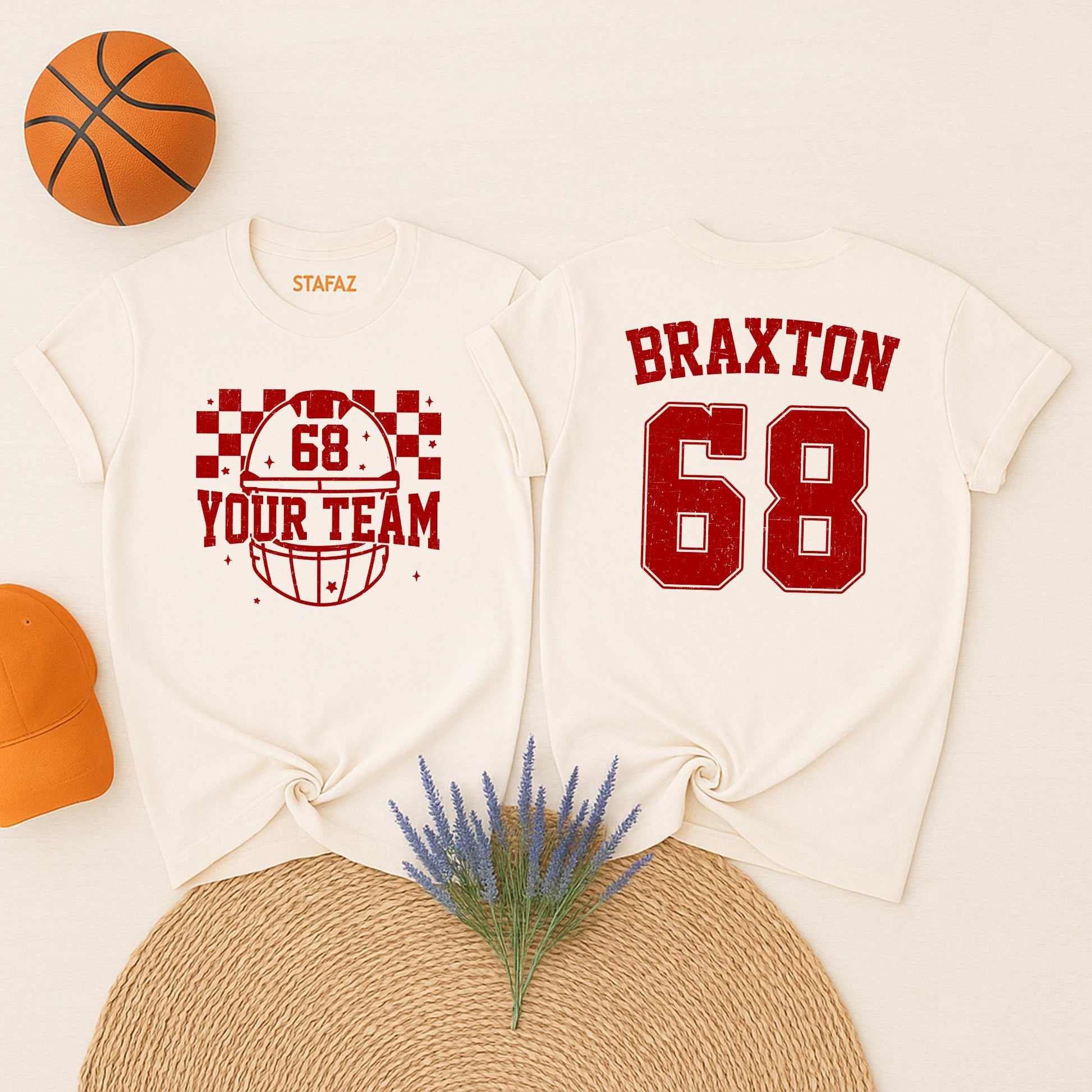 Personalized Football Team Shirt, Custom Name & Number Jersey, Checkered Helmet Tee for Game Day, School Sports Fan Apparel, Braxton 68, YOUR TEAM