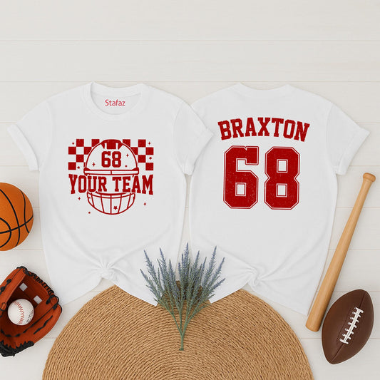 Personalized Football Team Shirt, Custom Name & Number Jersey, Checkered Helmet Tee for Game Day, School Sports Fan Apparel, Braxton 68, YOUR TEAM
