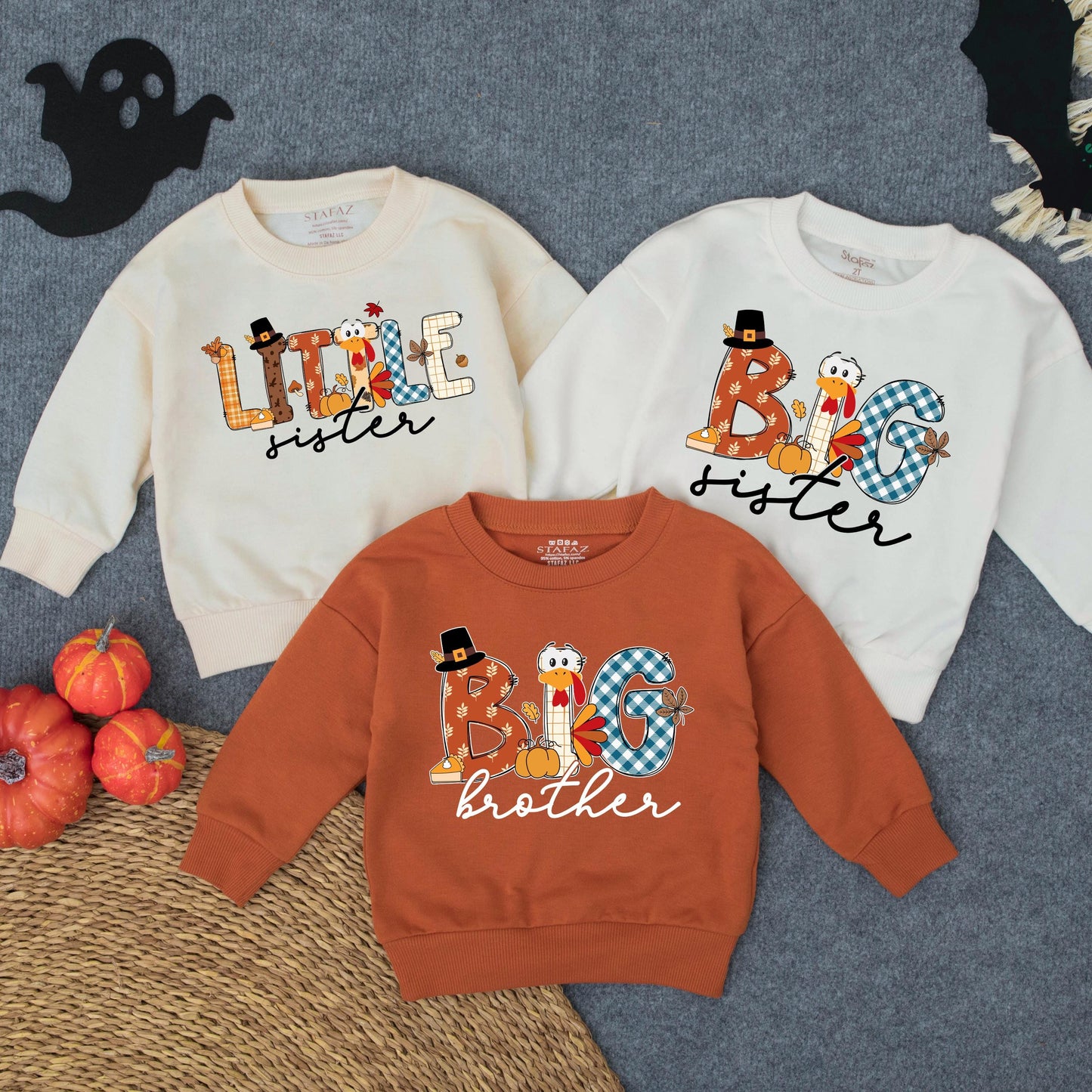 Personalized Thanksgiving Big Brother Big Sister Little Sister Turkey Sweatshirt Fall Matching Outfit Toddler Kids Clothes Playful Autumn Designs