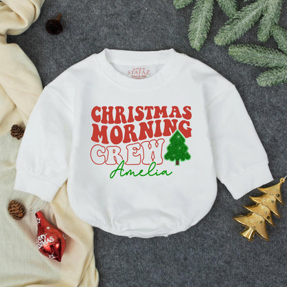 Christmas Morning Crew Sequin Bubble Romper Baby Girl Outfit First Christmas Gift Toddler Holiday Clothes Sparkly & Festive