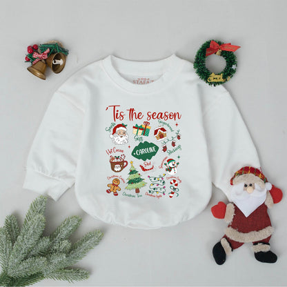 Custom Name Tis The Season Baby Romper First Christmas Outfit Retro Holiday Bodysuit Toddler Clothes Shower Gift Vintage Bubble Gender Neutral