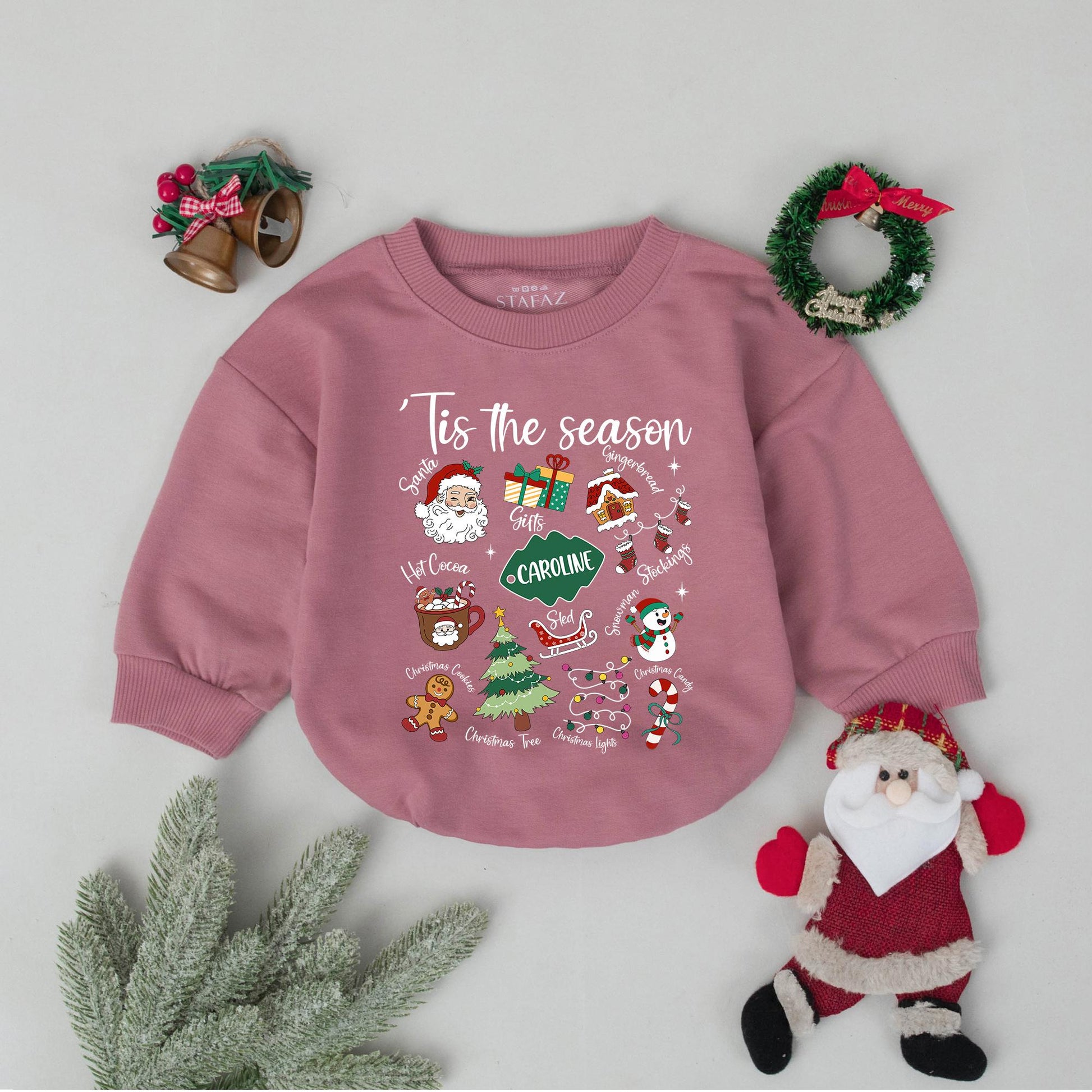 Custom Name Tis The Season Baby Romper First Christmas Outfit Retro Holiday Bodysuit Toddler Clothes Shower Gift Vintage Bubble Gender Neutral