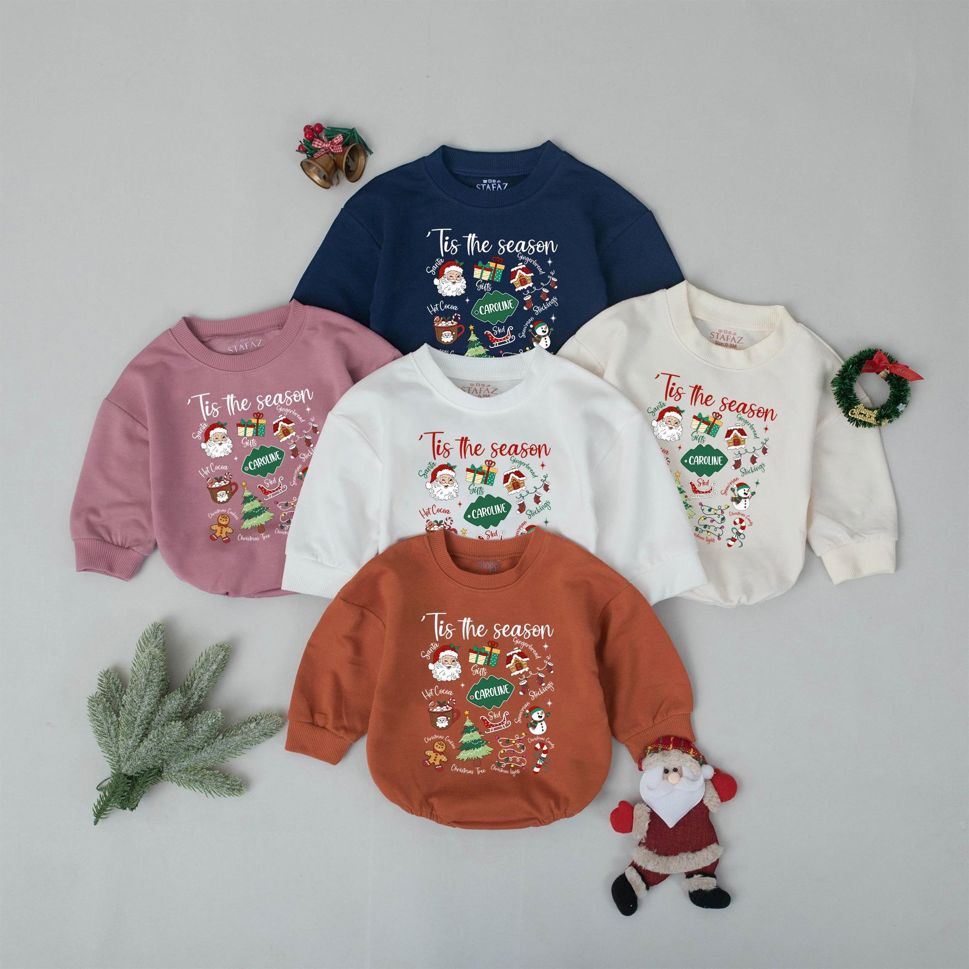 Custom Name Tis The Season Baby Romper First Christmas Outfit Retro Holiday Bodysuit Toddler Clothes Shower Gift Vintage Bubble Gender Neutral