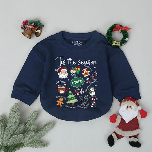 Custom Name Tis The Season Baby Romper First Christmas Outfit Retro Holiday Bodysuit Toddler Clothes Shower Gift Vintage Bubble Gender Neutral
