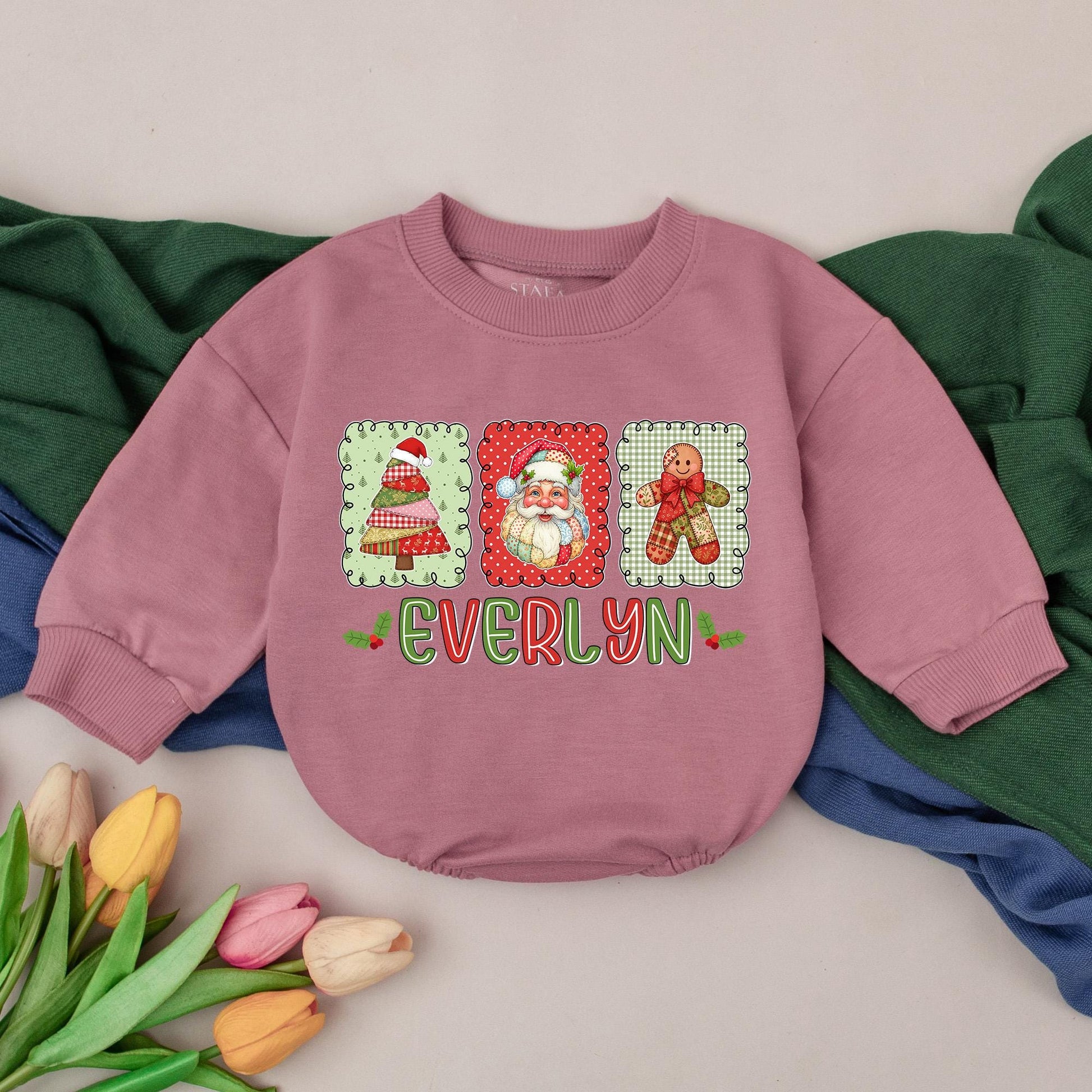 Everlyn Patchwork Christmas Romper Baby First Christmas Outfit Santa Tree Gingerbread Man Custom Name Infant Bodysuit Holiday Shower Gift