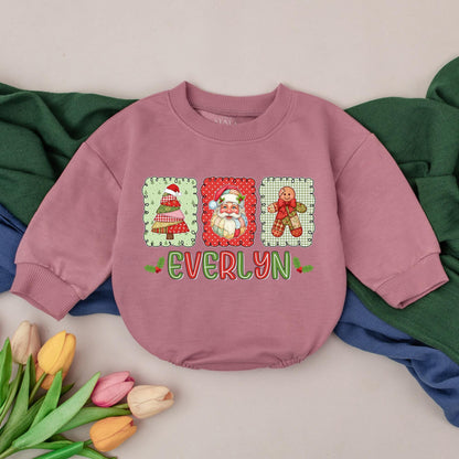 Everlyn Patchwork Christmas Romper Baby First Christmas Outfit Santa Tree Gingerbread Man Custom Name Infant Bodysuit Holiday Shower Gift
