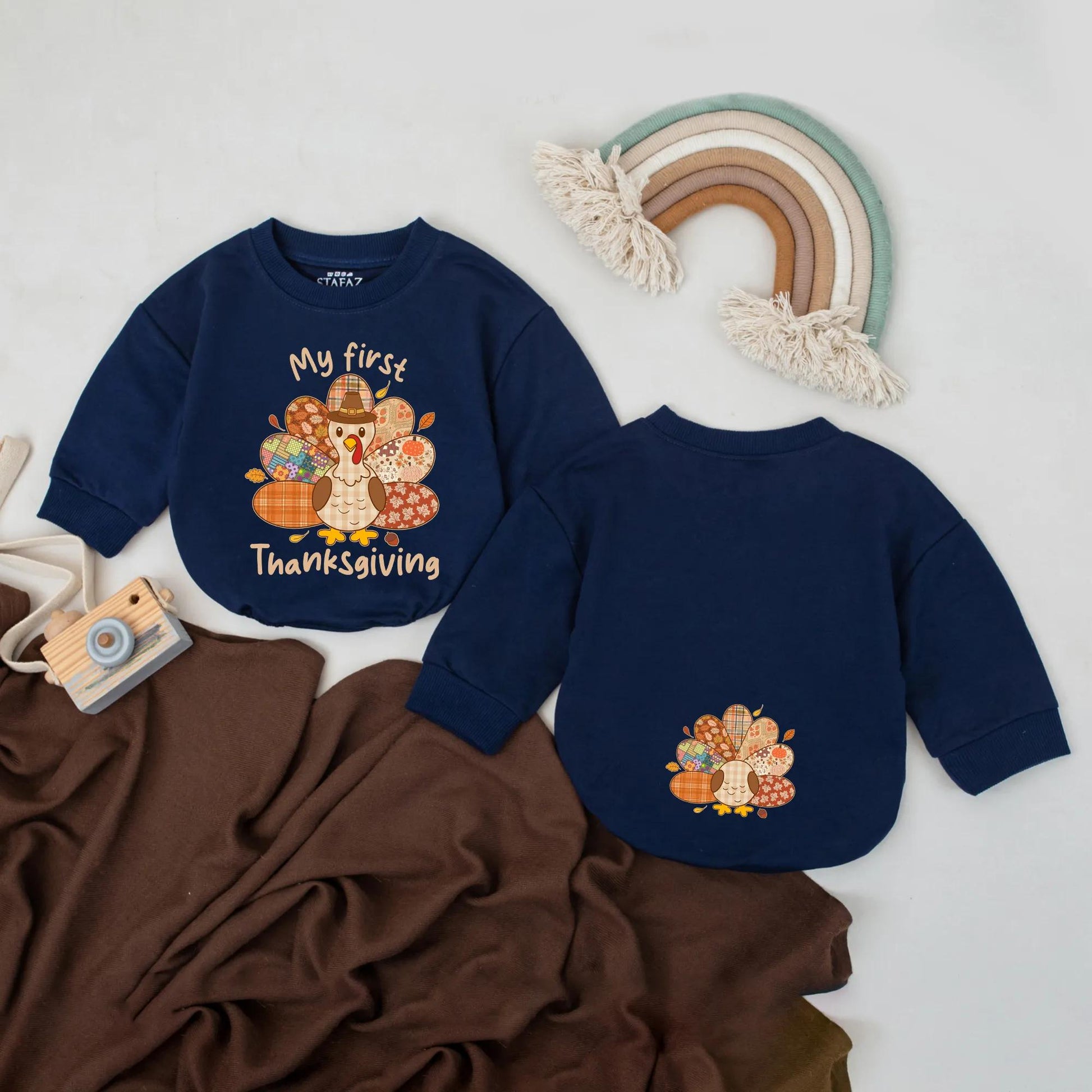 My First Thanksgiving Bubble Romper Baby Boys Girls Outfit Retro Fall Patchwork Turkey Bodysuit for Baby's Special Day Thanksgiving Gift