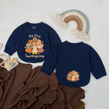 My First Thanksgiving Bubble Romper Baby Boys Girls Outfit Retro Fall Patchwork Turkey Bodysuit for Baby's Special Day Thanksgiving Gift