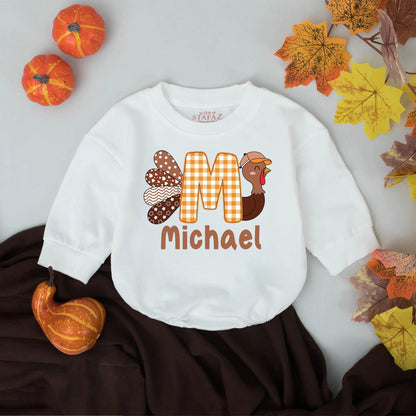 Personalized Thanksgiving Funny Little Turkey Name Romper Baby Boys Girls Retro Fall Outfit Whimsical Patchwork Bodysuit Orange Plaid 'M' Cap