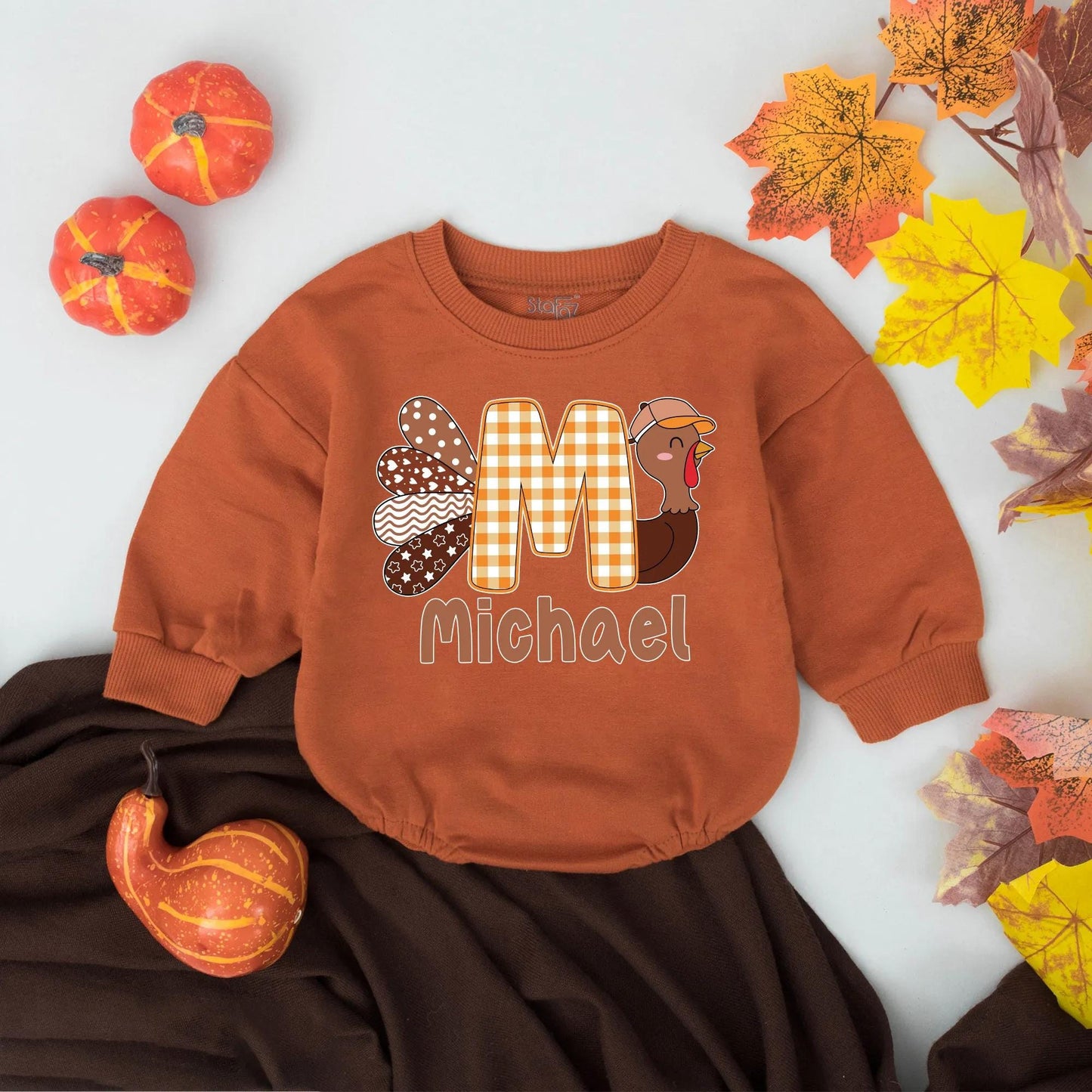 Personalized Thanksgiving Funny Little Turkey Name Romper Baby Boys Girls Retro Fall Outfit Whimsical Patchwork Bodysuit Orange Plaid 'M' Cap