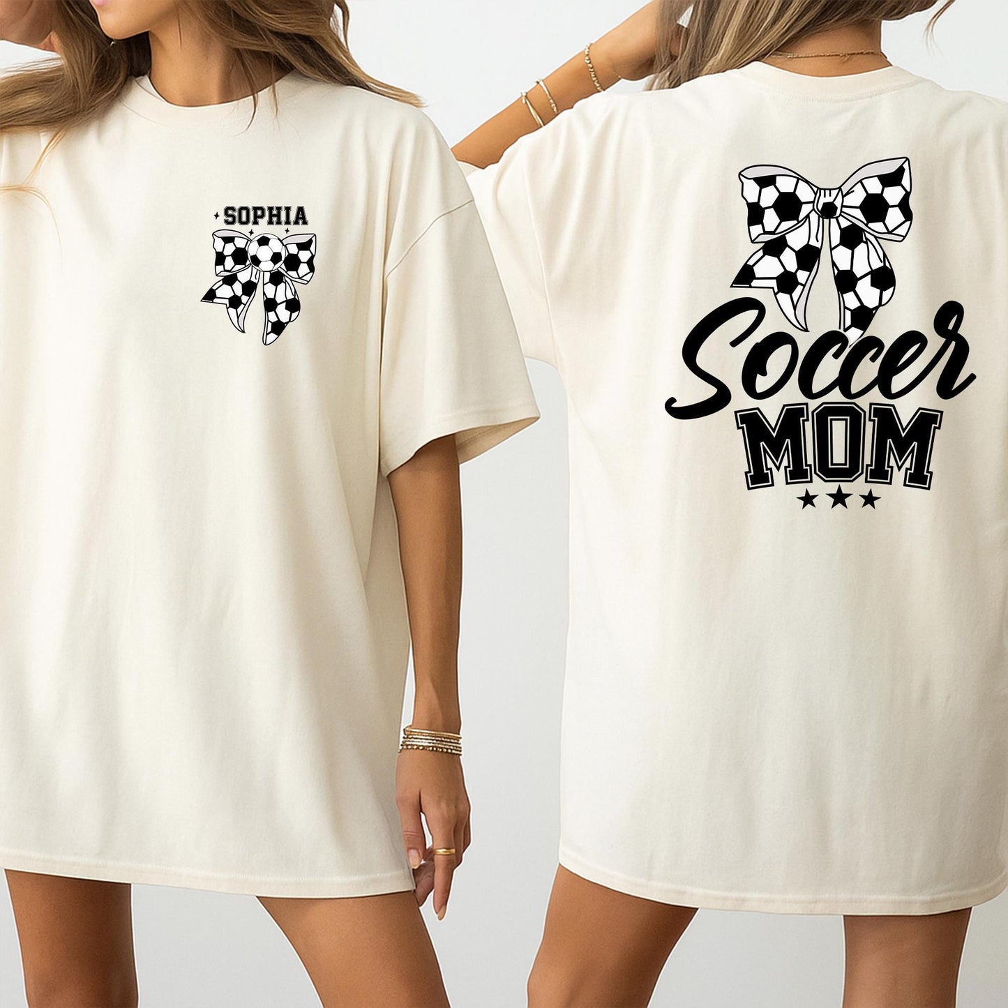 Custom Sophia Soccer Mom Shirt with Bow, Personalized Soccer Mama Tee for Game Day, Cute Sports Supporter Top with Name, Soccer Gift for Moms (139 chars)