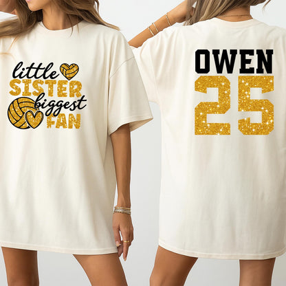 Custom Name Number Little Sister Biggest Fan Volleyball Shirts Matching Family Game Day Shimmery Gold Glitter Heart Graphic Tee