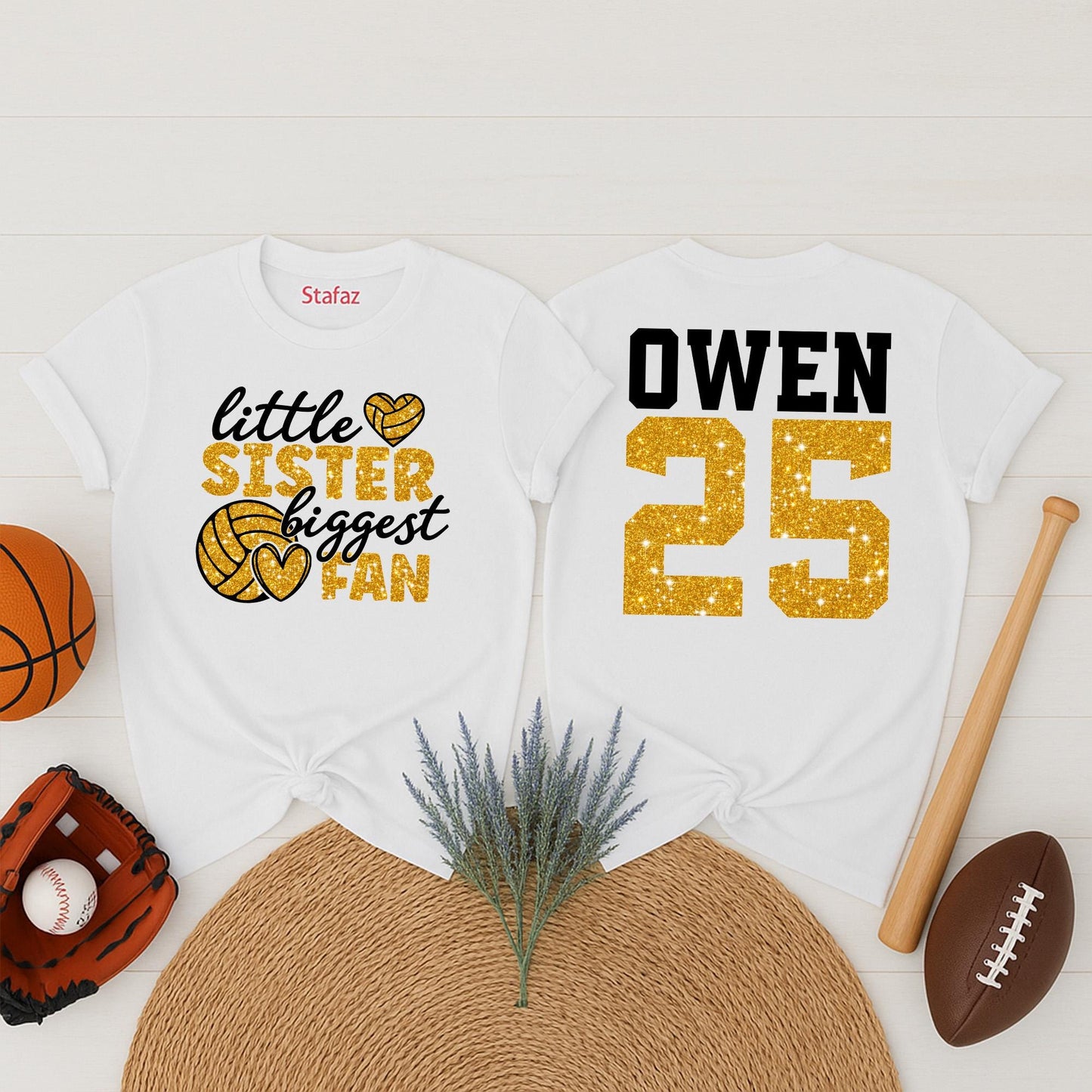 Custom Name Number Little Sister Biggest Fan Volleyball Shirts Matching Family Game Day Shimmery Gold Glitter Heart Graphic Tee