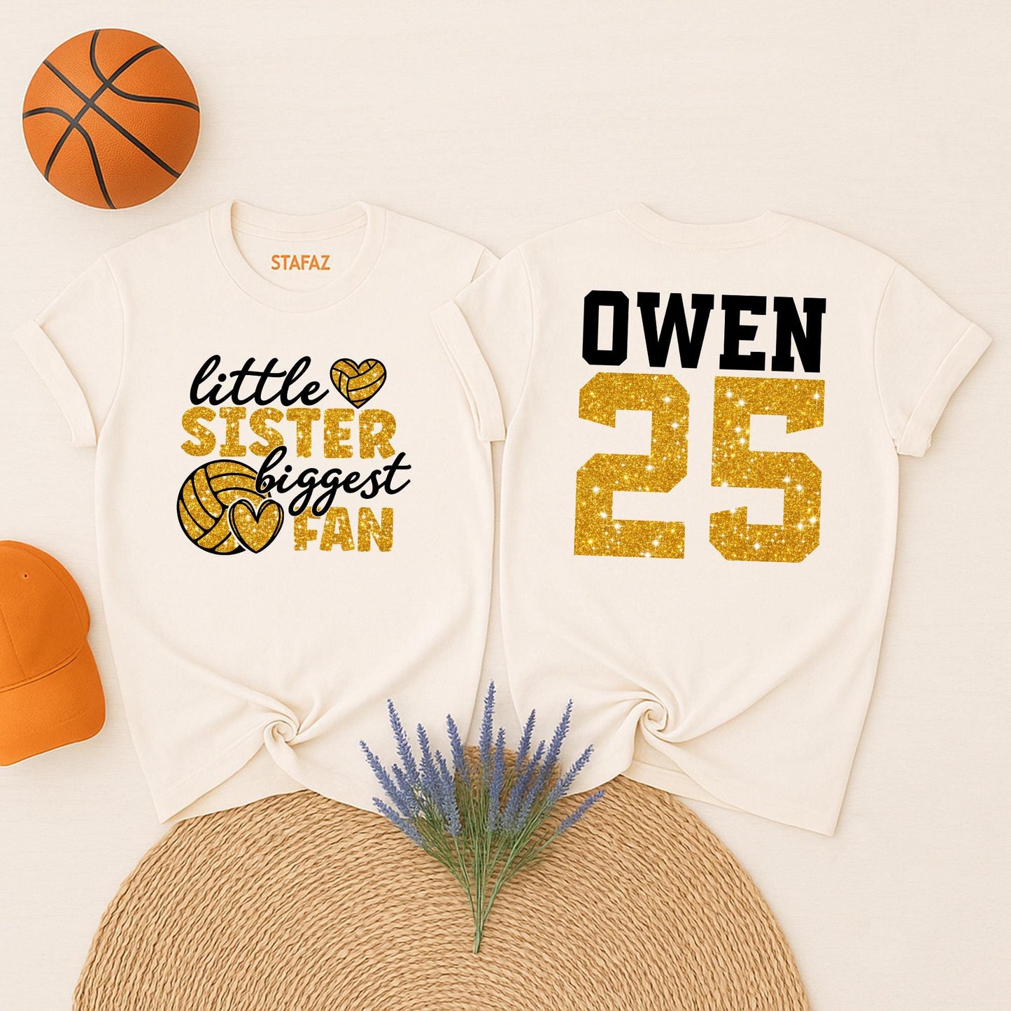 Custom Name Number Little Sister Biggest Fan Volleyball Shirts Matching Family Game Day Shimmery Gold Glitter Heart Graphic Tee