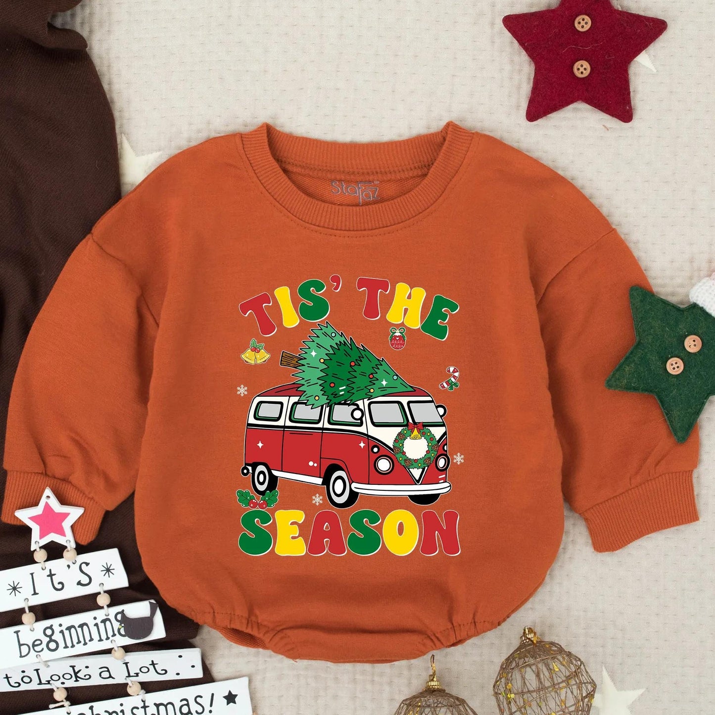 Tis The Season Retro Red Truck Baby Romper, Groovy Christmas Outfit Infant Clothes, Festive Holiday Toddler Boy Gift, Cute Winter Van Clothes 135char
