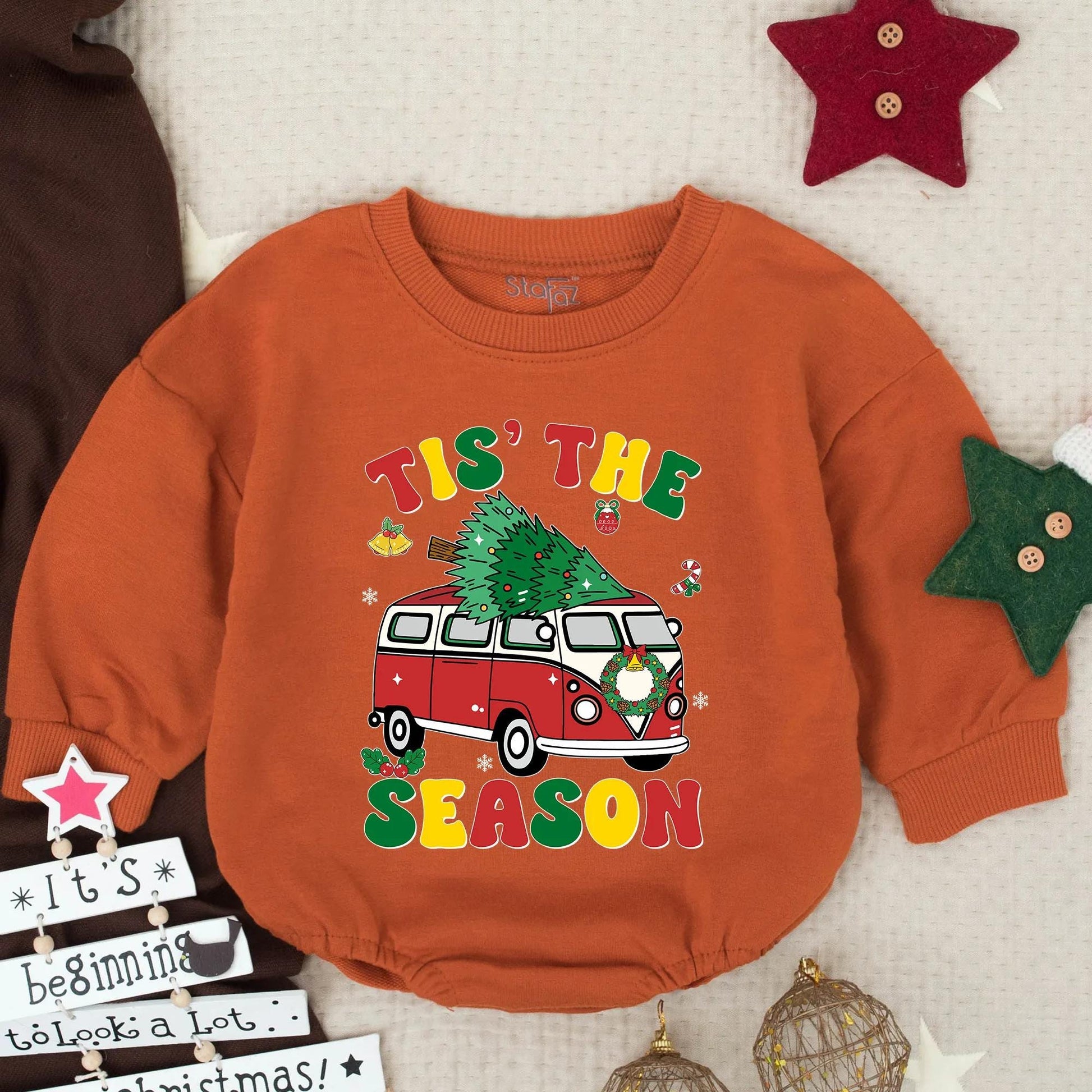 Tis The Season Retro Red Truck Baby Romper, Groovy Christmas Outfit Infant Clothes, Festive Holiday Toddler Boy Gift, Cute Winter Van Clothes 135char