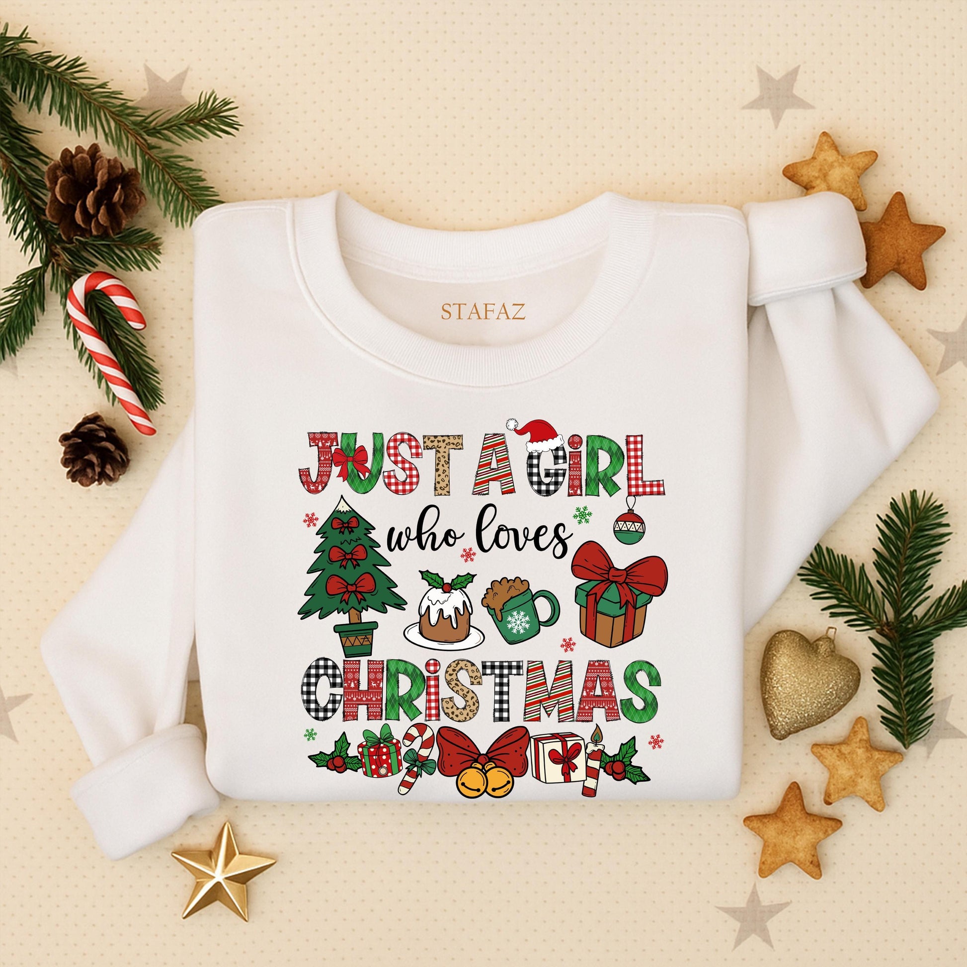 Just A Girl Who Loves Christmas Sweatshirt Festive Holiday Tee with Plaid Reindeer Candy Cane Designs for Women and Kids A Perfect Xmas Gift Idea