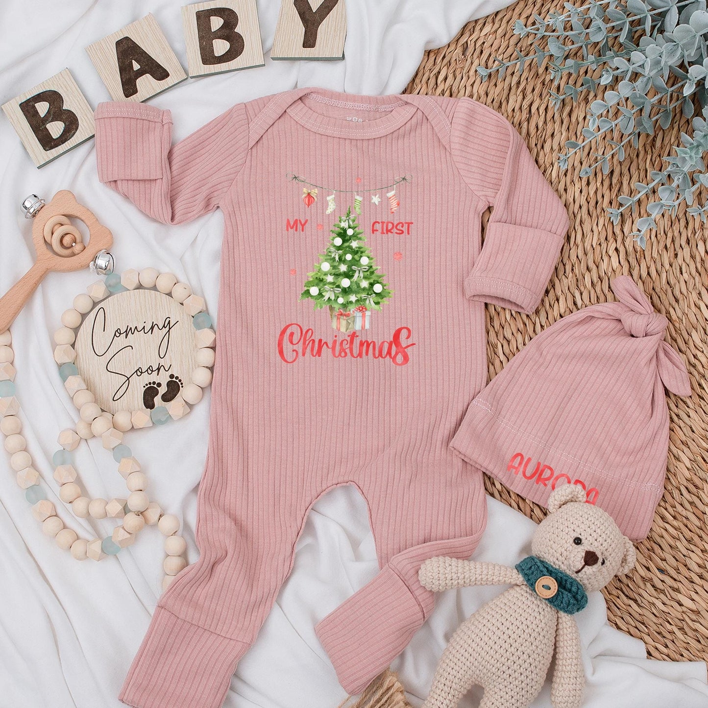 My First Christmas Baby Bodysuit Newborn Outfit a festive Christmas Tree design with cute stockings and custom 1st Xmas celebration gift.