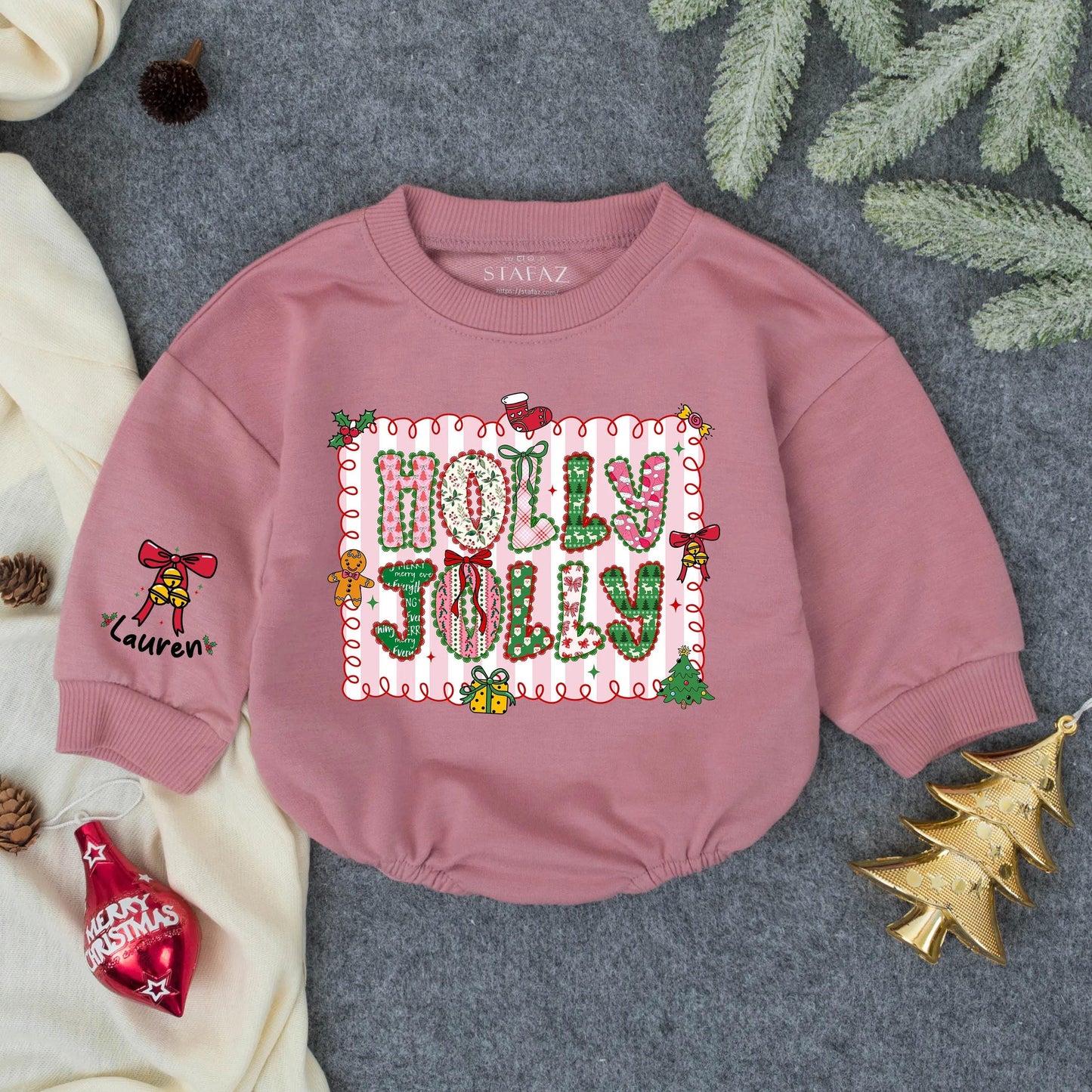 Personalized Holly Jolly Baby Bubble Romper First Christmas Girl Outfit Toddler Bodysuit Winter Shower Gift Comfortable Soft Cotton Clothes