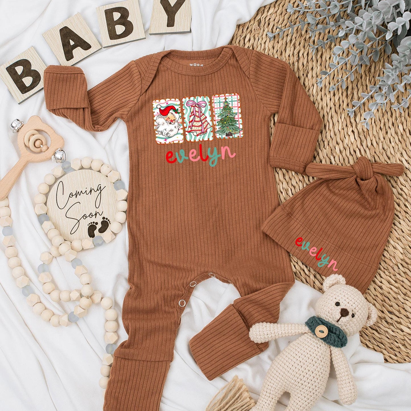 Evelyn Custom Christmas Baby Bodysuit Santa Cookies Tree Red Pink Teal Swirls Baby Shower Gift Newborn Clothes First Christmas