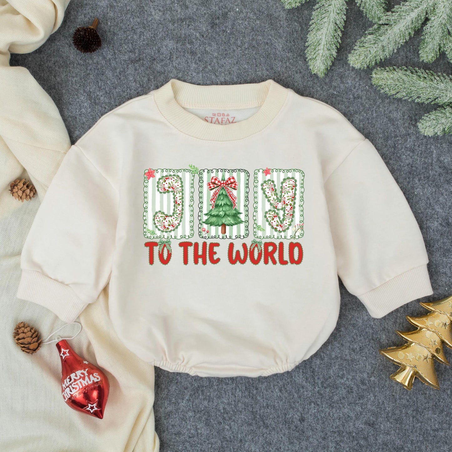 Joy To the World Merry Christmas Baby Bubble Romper First Christmas Infant Outfit Toddler Clothes Festive Tree Design Baby Shower Gift