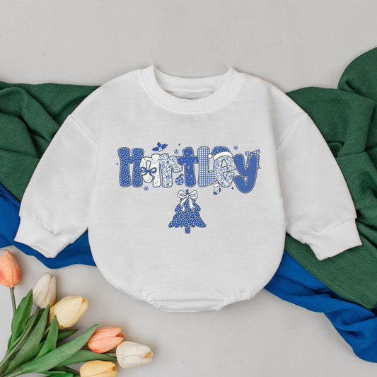 Personalized Baby Girl Christmas Outfit Bubble Romper, Blue Bow Chinoiserie First Christmas Bodysuit, Baby Shower Gift Custom Name, 138 chars