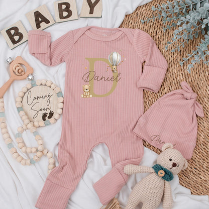 Personalized Baby Romper Hat Set Daniel Name, Gender Neutral D Letter Teddy Bear Hot Air Balloon Newborn Coming Home Hospital Bodysuit Shower Gift
