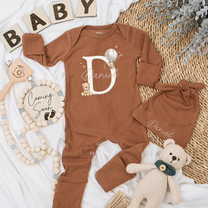 Personalized Baby Romper Hat Set Daniel Name, Gender Neutral D Letter Teddy Bear Hot Air Balloon Newborn Coming Home Hospital Bodysuit Shower Gift