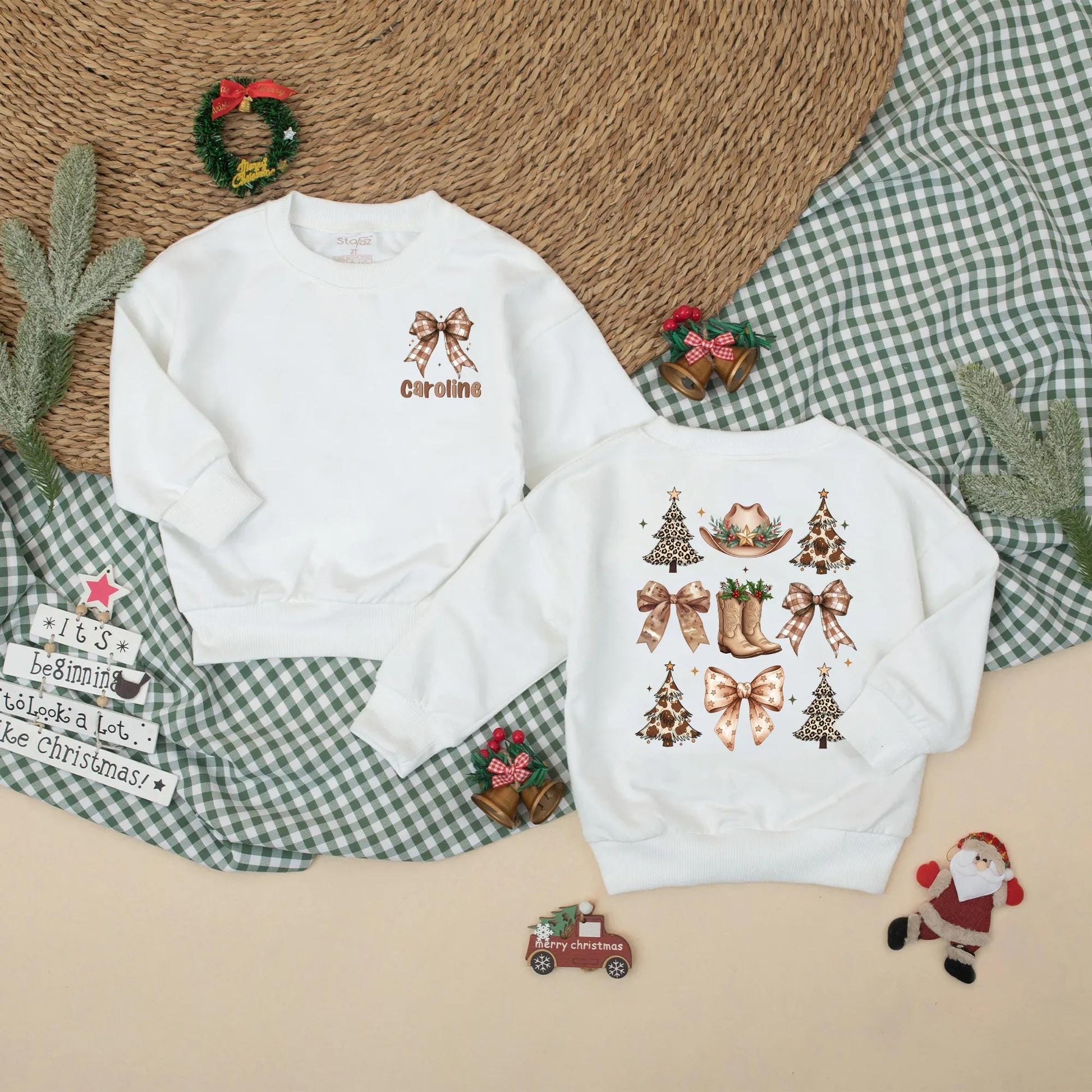 Personalized Western Christmas Romper, Caroline's 1st Xmas Bodysuit, Cowgirl Holiday Outfit, Vintage Baby Clothes, Brown Plaid Bow & Leopard Xmas Tree Fun