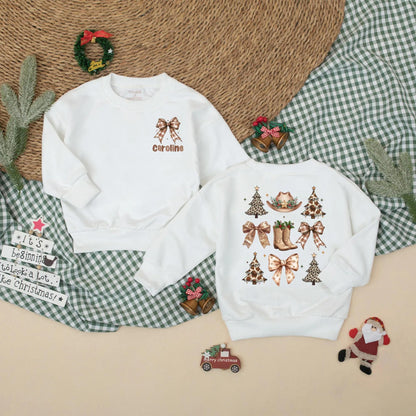 Personalized Western Christmas Romper, Caroline's 1st Xmas Bodysuit, Cowgirl Holiday Outfit, Vintage Baby Clothes, Brown Plaid Bow & Leopard Xmas Tree Fun