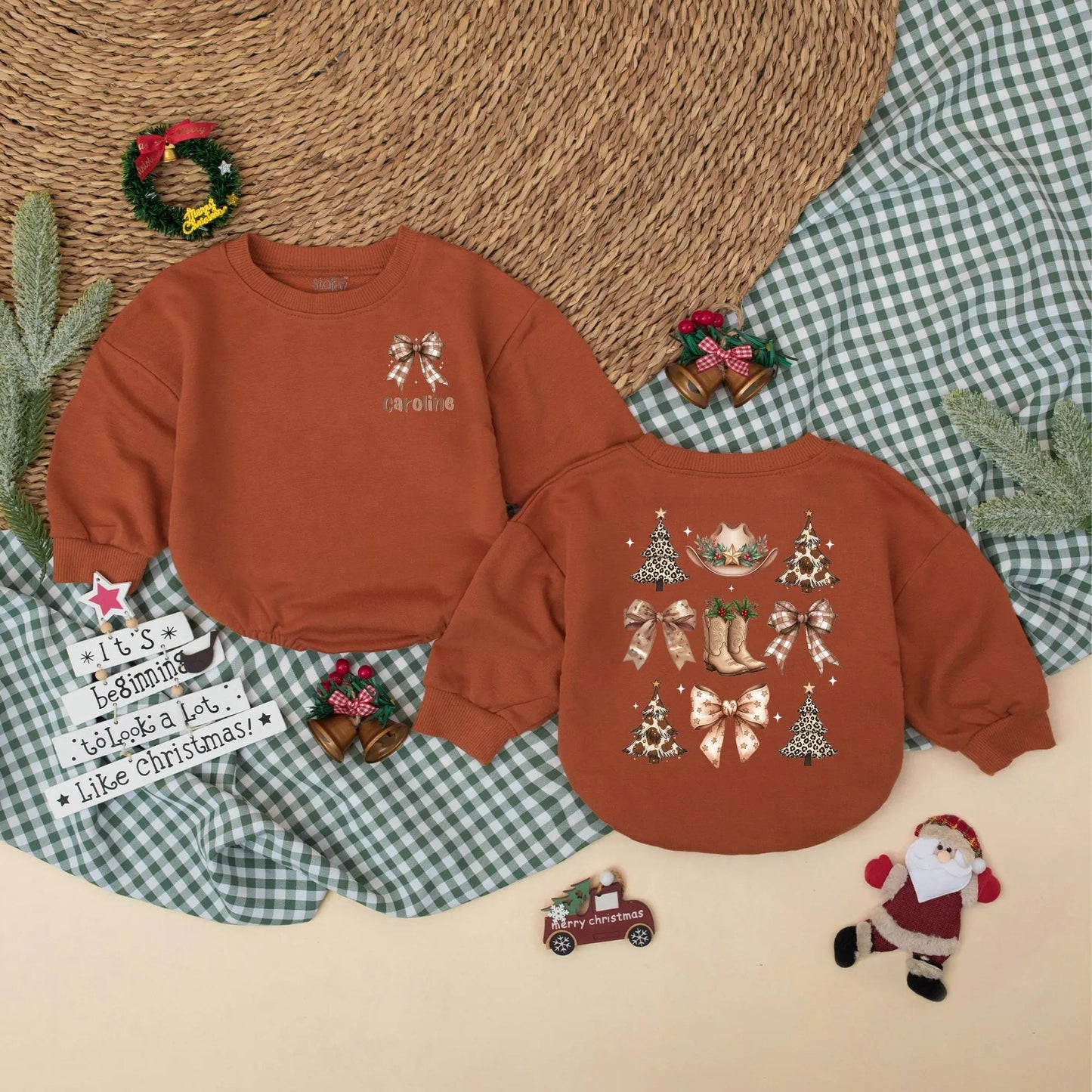 Personalized Western Christmas Romper, Caroline's 1st Xmas Bodysuit, Cowgirl Holiday Outfit, Vintage Baby Clothes, Brown Plaid Bow & Leopard Xmas Tree Fun