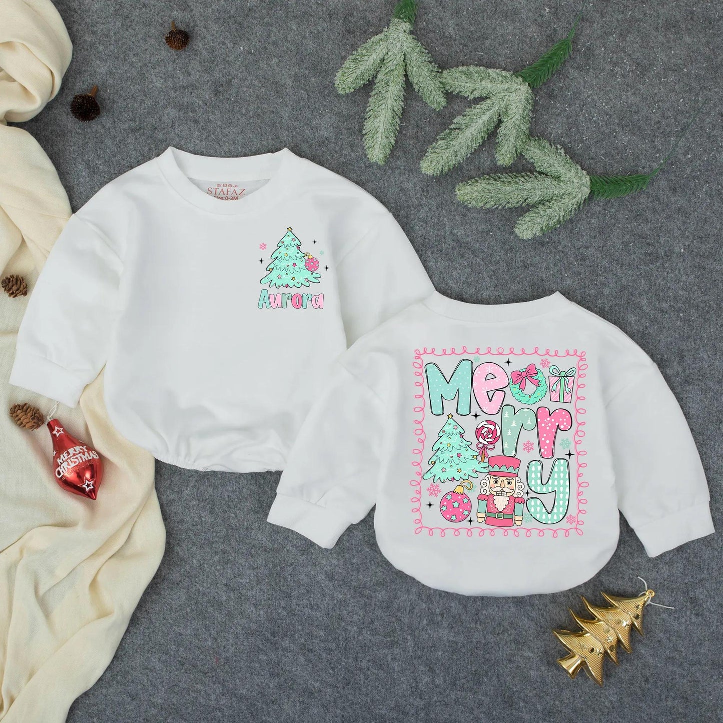 Personalized Aurora Christmas Romper: Merry Tree Bodysuit, Festive Infant Outfit, Custom Holiday Baby Clothes, Whimsical Toddler Gift, Teal & Pink (139)