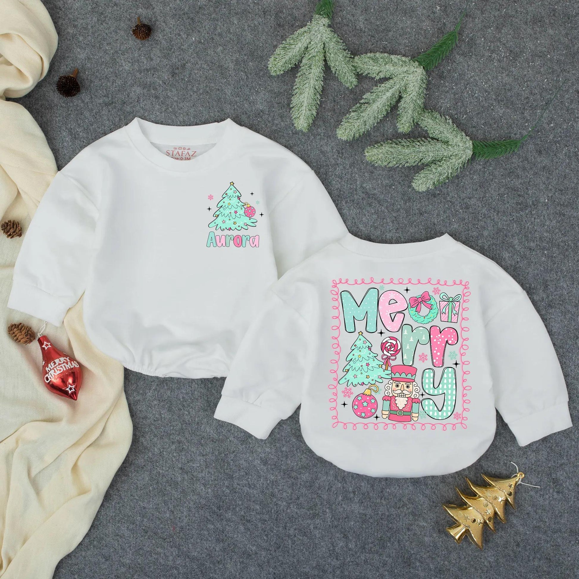 Personalized Aurora Christmas Romper: Merry Tree Bodysuit, Festive Infant Outfit, Custom Holiday Baby Clothes, Whimsical Toddler Gift, Teal & Pink (139)