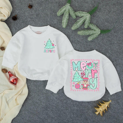 Personalized Aurora Christmas Romper: Merry Tree Bodysuit, Festive Infant Outfit, Custom Holiday Baby Clothes, Whimsical Toddler Gift, Teal & Pink (139)
