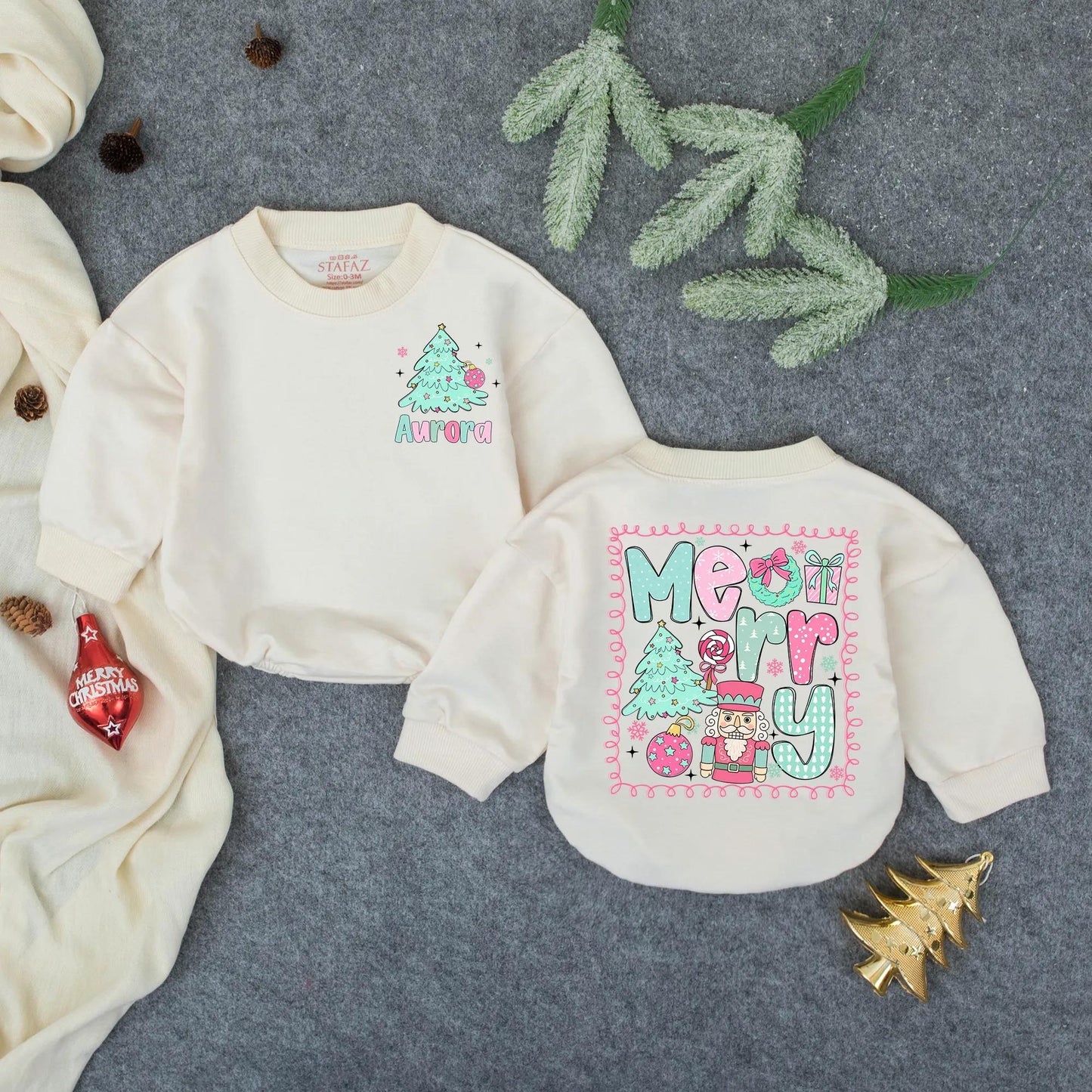 Personalized Aurora Christmas Romper: Merry Tree Bodysuit, Festive Infant Outfit, Custom Holiday Baby Clothes, Whimsical Toddler Gift, Teal & Pink (139)