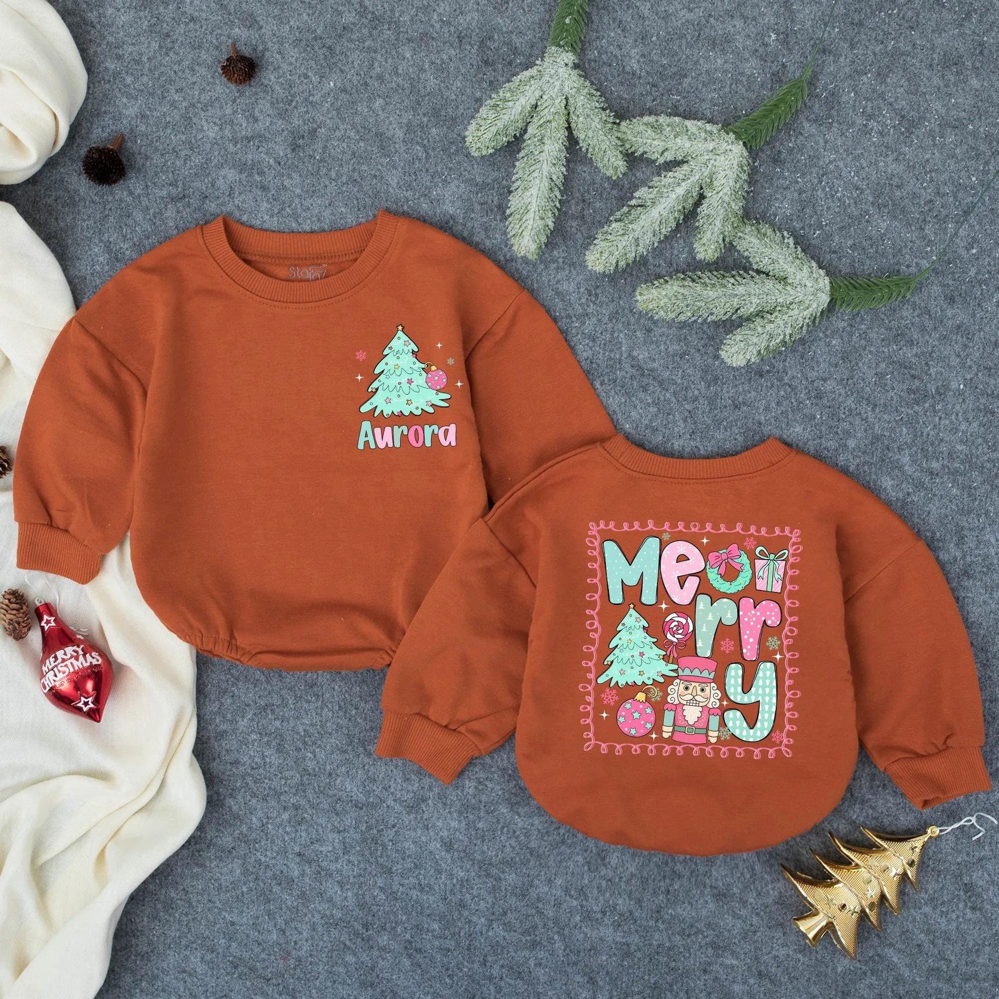 Personalized Aurora Christmas Romper: Merry Tree Bodysuit, Festive Infant Outfit, Custom Holiday Baby Clothes, Whimsical Toddler Gift, Teal & Pink (139)