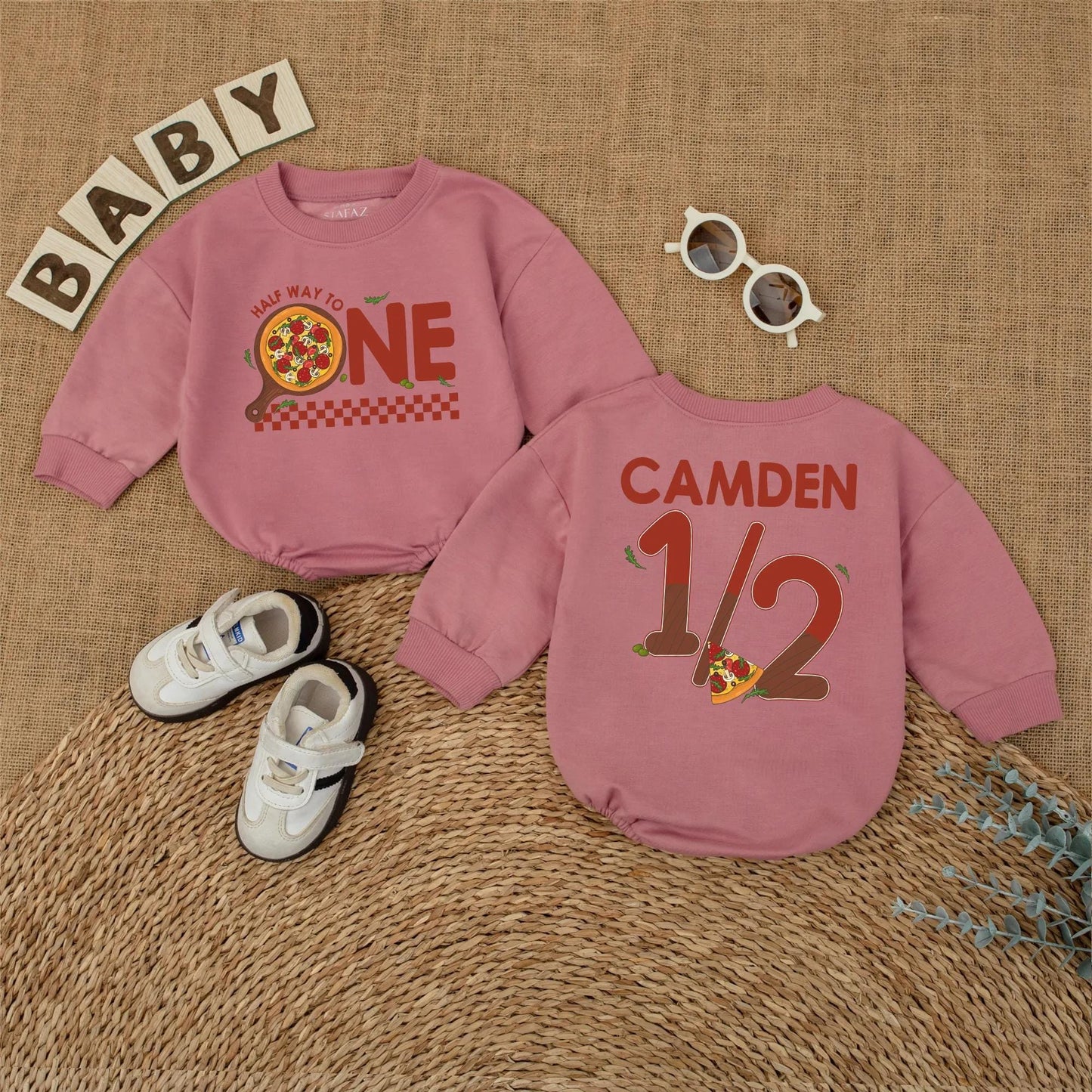 Pizza My Heart 1/2 Birthday Outfit, Custom Camden Romper Set, Adorable Six Month Milestone, Checkered Baby Boy Bodysuit, Half Way To One, Gift Idea