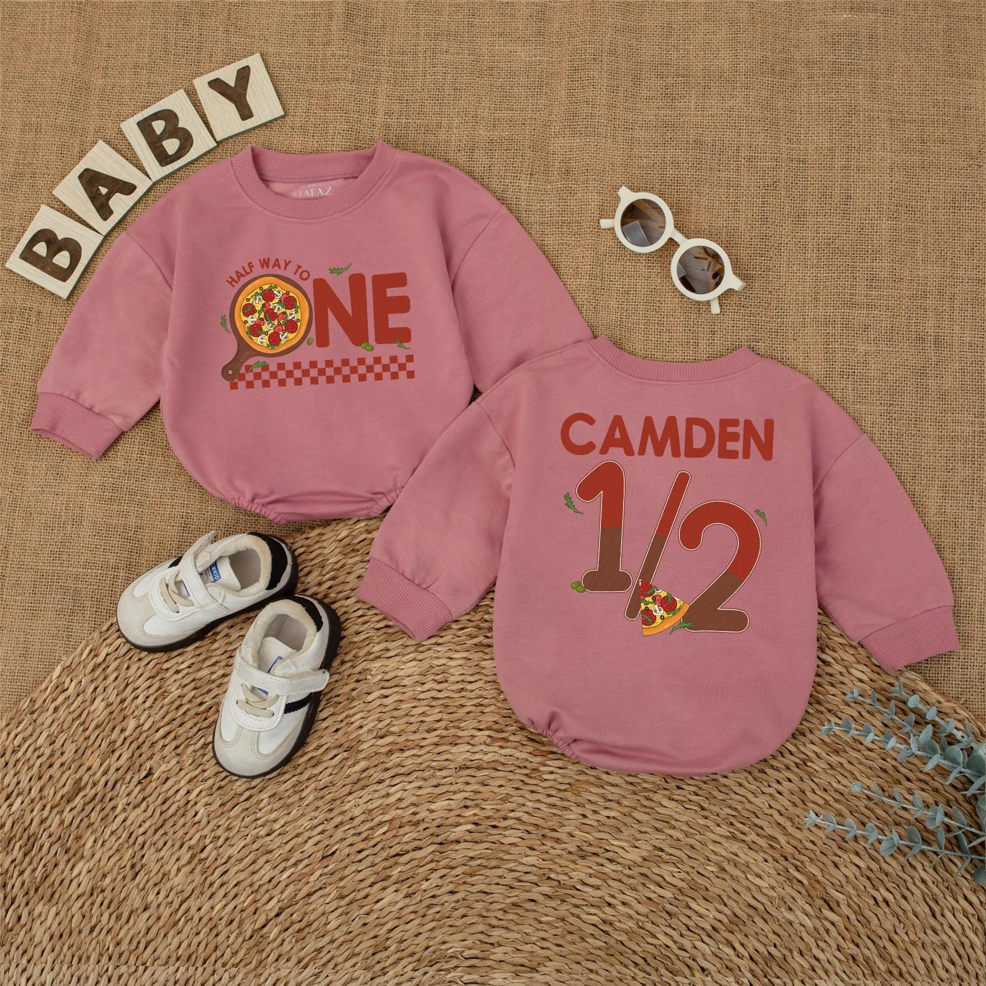 Pizza My Heart 1/2 Birthday Outfit, Custom Camden Romper Set, Adorable Six Month Milestone, Checkered Baby Boy Bodysuit, Half Way To One, Gift Idea