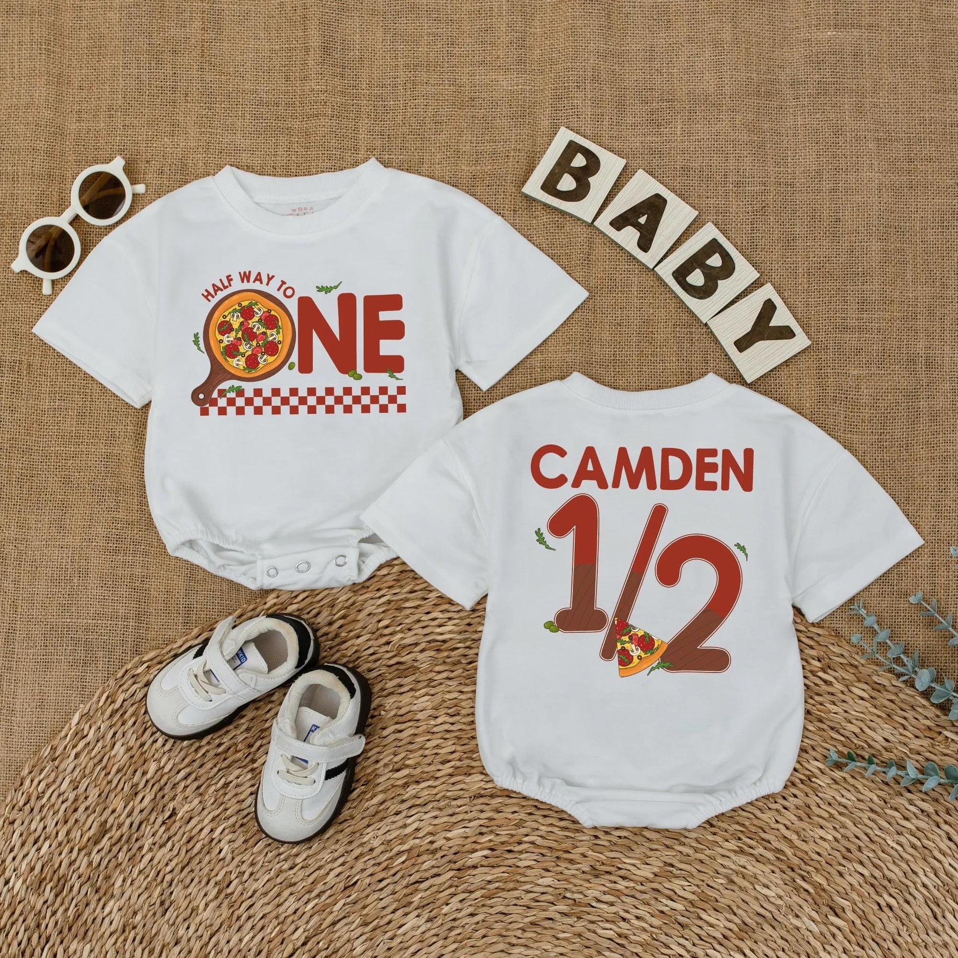 Pizza My Heart 1/2 Birthday Outfit, Custom Camden Romper Set, Adorable Six Month Milestone, Checkered Baby Boy Bodysuit, Half Way To One, Gift Idea