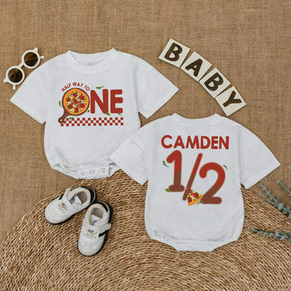 Pizza My Heart 1/2 Birthday Outfit, Custom Camden Romper Set, Adorable Six Month Milestone, Checkered Baby Boy Bodysuit, Half Way To One, Gift Idea