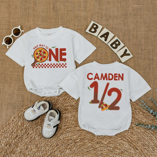 Pizza My Heart 1/2 Birthday Outfit, Custom Camden Romper Set, Adorable Six Month Milestone, Checkered Baby Boy Bodysuit, Half Way To One, Gift Idea