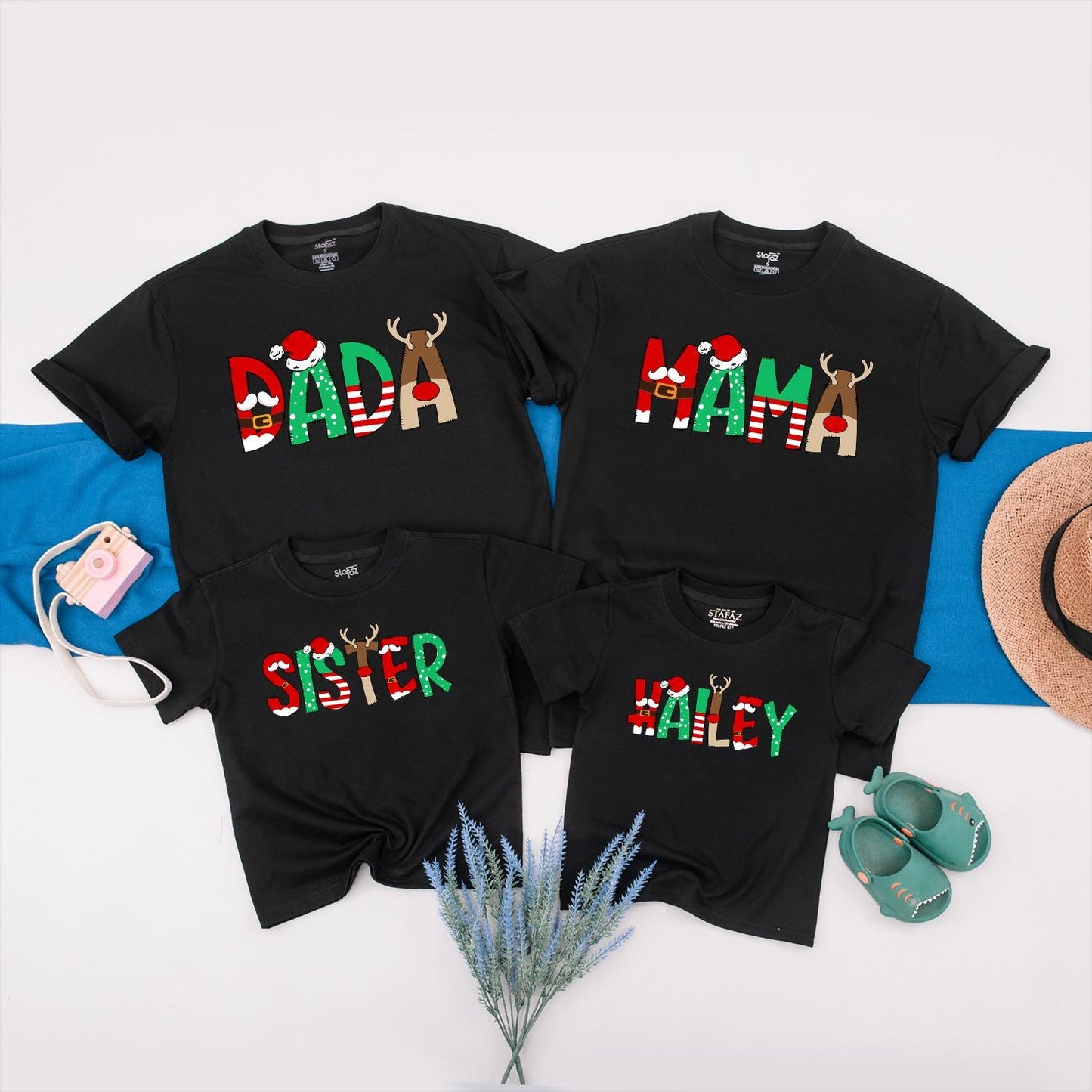 Matching Family Christmas Shirts with Custom Santa Letter Block Designs Holiday Red Green Antler Tees Baby Romper Festive Gift