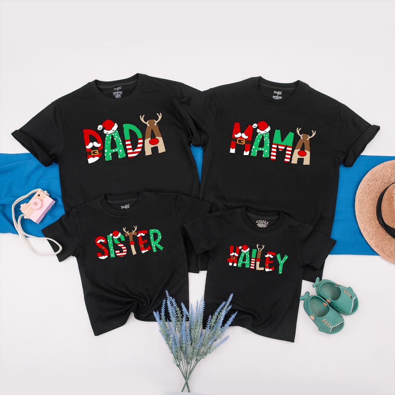 Matching Family Christmas Shirts with Custom Santa Letter Block Designs Holiday Red Green Antler Tees Baby Romper Festive Gift