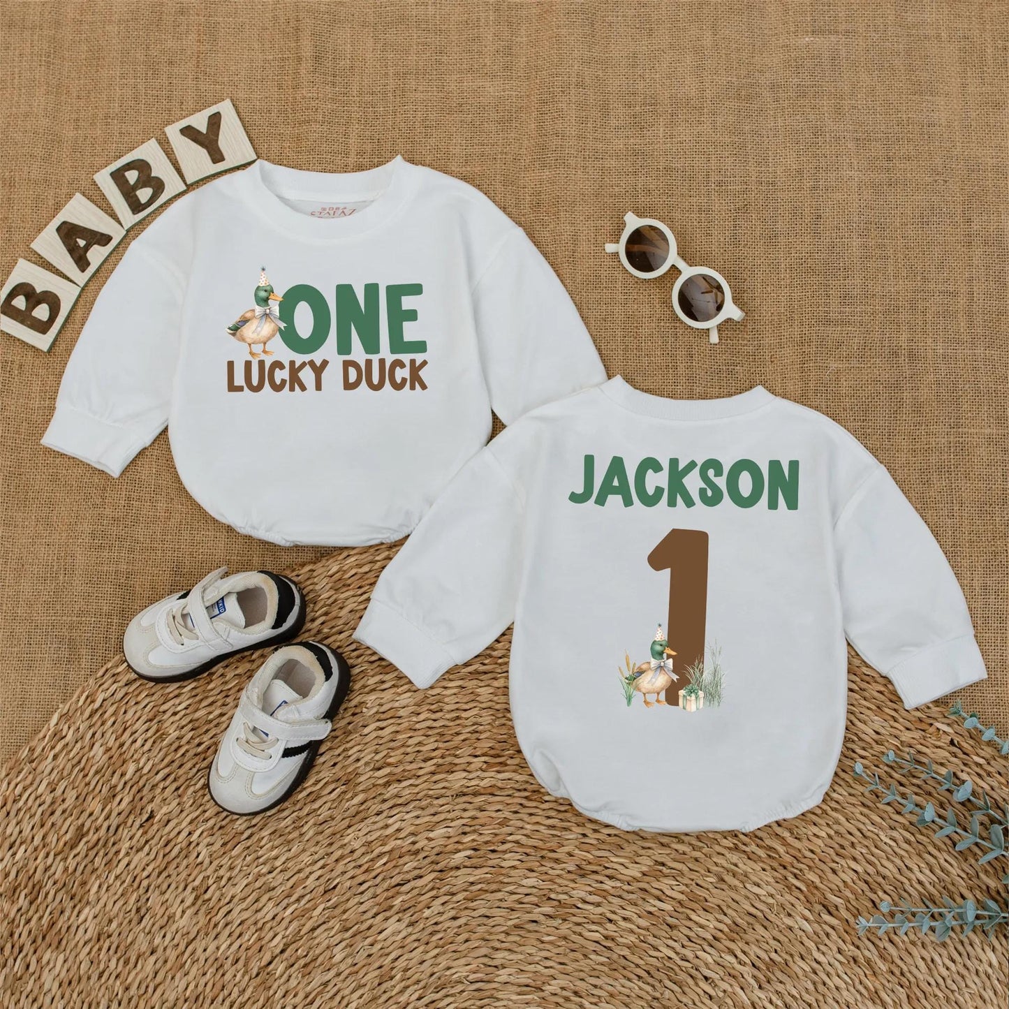 One Lucky Duck Personalized 1st Birthday Romper, Custom Name Mallard Outfit, Green and Brown Duckling Party, First Birthday Outfit, Baby Boy Gift (139)