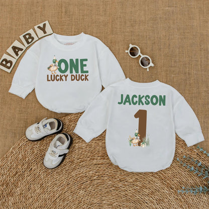 One Lucky Duck Personalized 1st Birthday Romper, Custom Name Mallard Outfit, Green and Brown Duckling Party, First Birthday Outfit, Baby Boy Gift (139)